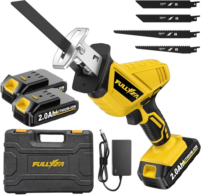 FULLYEA Reciprocating Saw Cordless, Variable Speed 0-3500SPM Power Reciprocating Saw, Tool-Free Blade Change, Battery Reciprocating Saws with 4 Saw Blades for Woods/Metal/Plastic Cutting, Yellow - Image 1